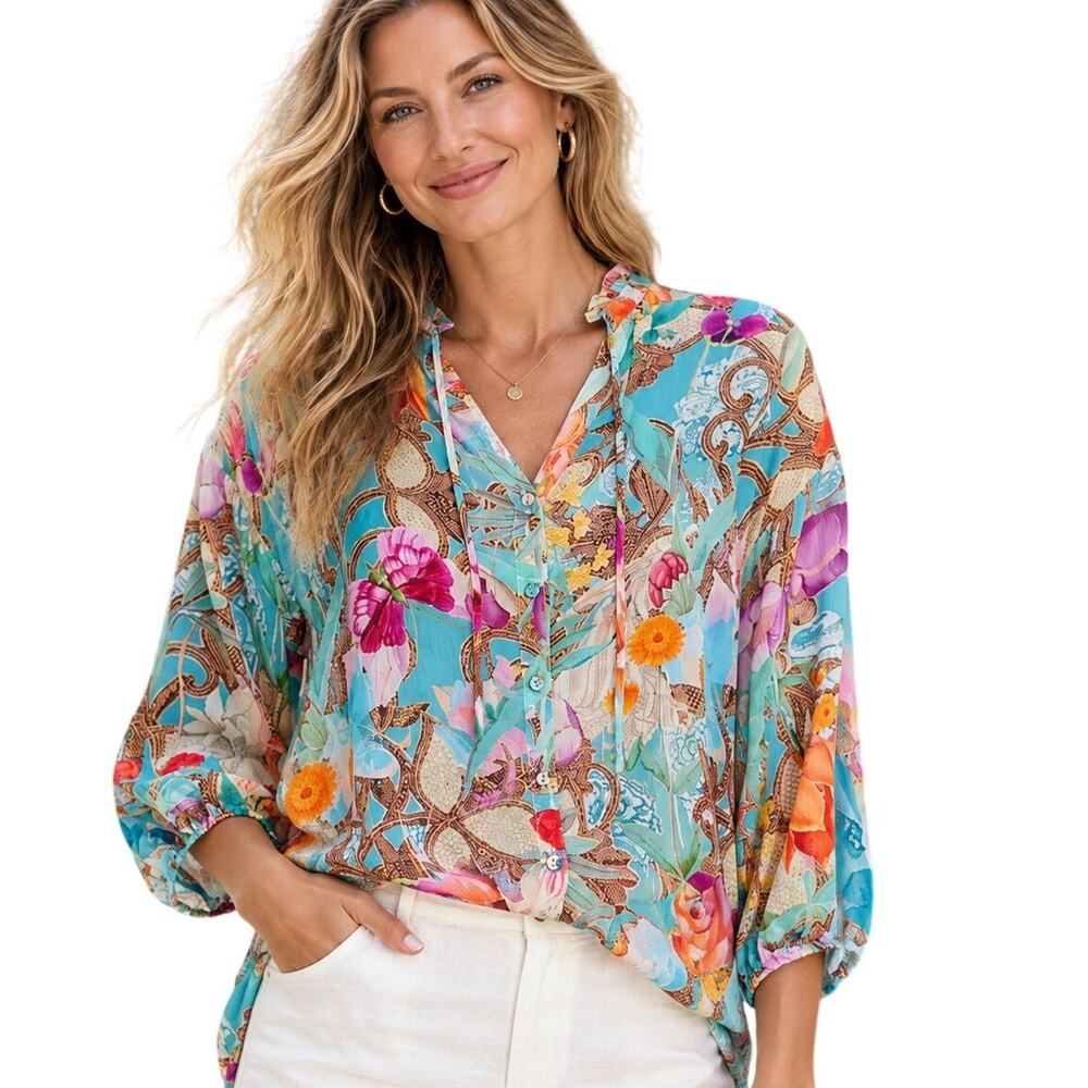 Johnny Was Cathryn Blouse Womens Size XL Nutro Meadow Floral Moth Boho Top